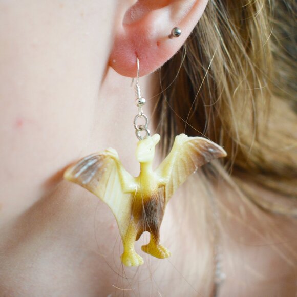 Beige Pterodactyl Dinosaur Earrings - Picture 3 of 4